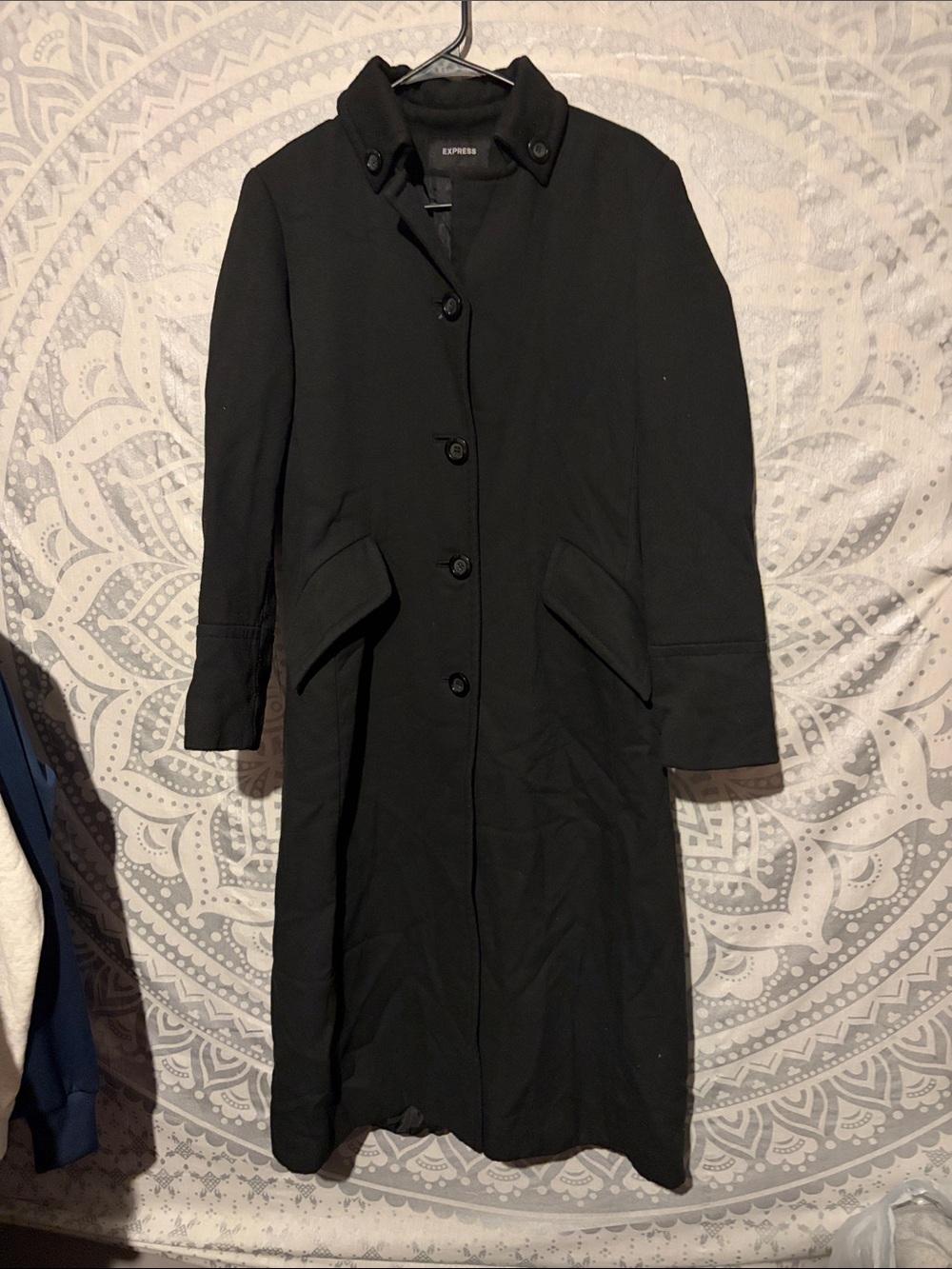Express Vintage Black Wool Blend Long Trench Coat Jacket Size 11/12 Belted Back